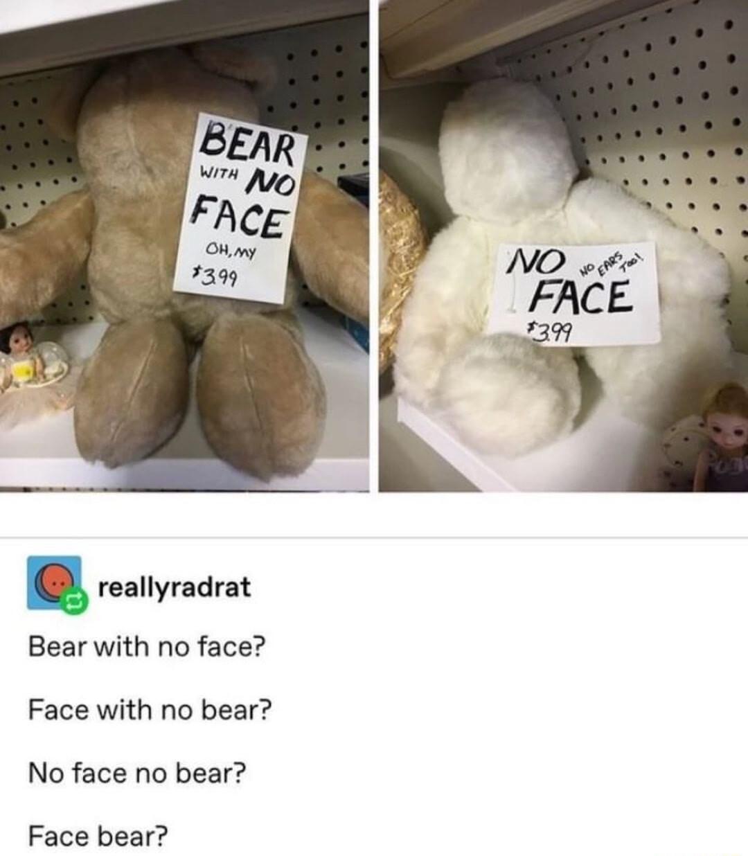 n reallyradrat Bear with no face Face with no bear No face no bear Face bear