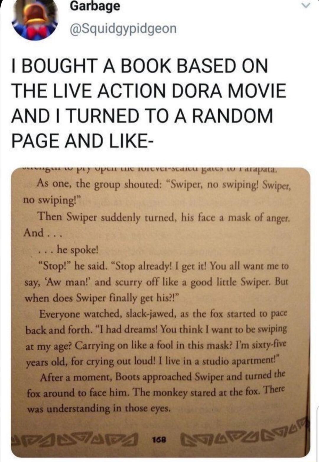 arbage Squidgypidgeon BOUGHT A BOOK BASED ON THE LIVE ACTION DORA MOVIE AND TURNED TO A RANDOM PAGE AND LIKE