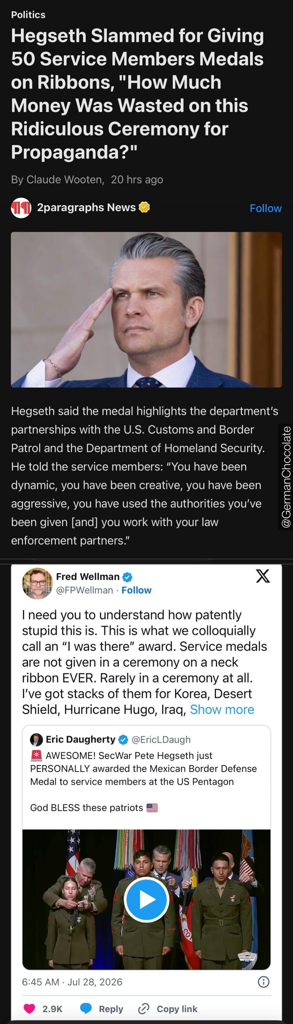 Politics. Hegseth Slammed for Giving 50 Service Members Medals on Ribbons, 