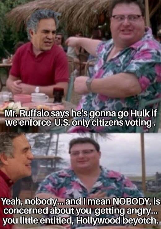 Mr. Ruffalo says he's gonna go Hulk if we enforce U.S. only citizens voting. Yeah, nobody... and I mean NOBODY, is concerned about you getting angry... you little entitled, Hollywood beyotch.