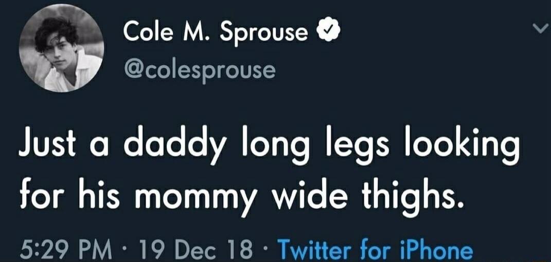 P fA p Cole M Sprouse colesprouse Just a daddy long legs looking for his mommy wide thighs 529 PM 19 Dec 18 Twitter for iPhone