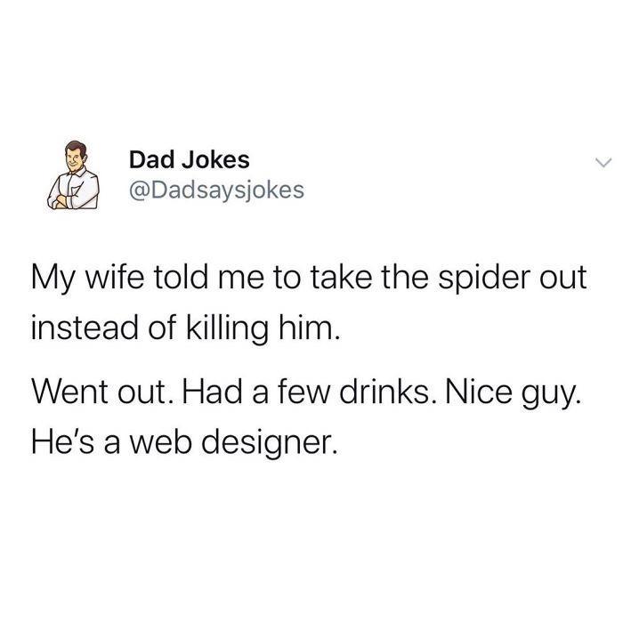 Dad Jokes Dadsaysjokes My wife told me to take the spider out instead of killing him Went out Had a few drinks Nice guy Hes a web designer