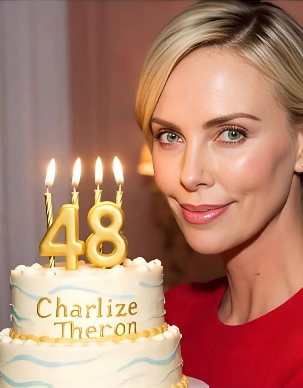 48 candles on a cake with the name Charlize Theron