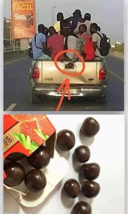 A pickup truck is crowded with people sitting in the truck bed. A small object or animal is circled at the tailgate area. The bottom image shows chocolate-covered round candies scattered from a carton.