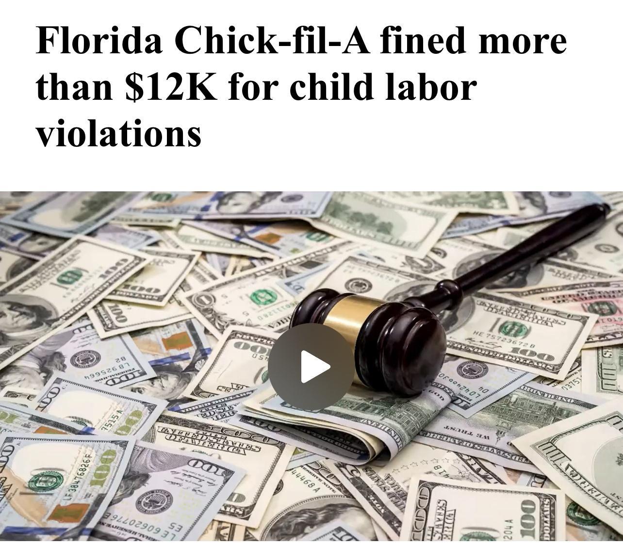 Florida Chick fil A fined more than 12K for child labor violations