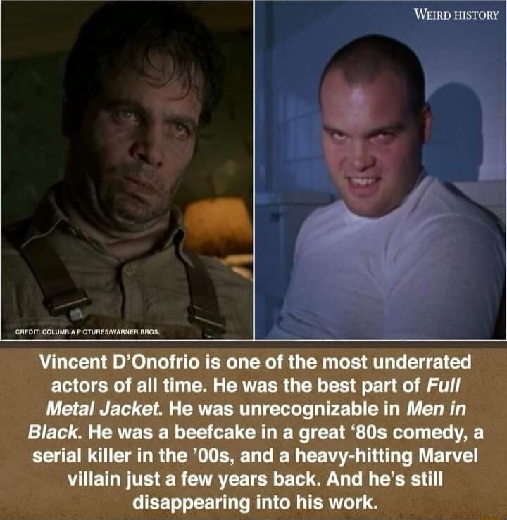 WD HISTORY Vincent DOnofrio is one of the most underrated L GTER N R ER CRVEER U T LS E L g T Metal Jacket He was unrecognizable in Men in Black He was a beefcake in a great 80s comedy a ECUEINET LR U R EREL LN EENET L R ERTE villain just a few years back And hes still LIEELAEER L RGT G TERTT