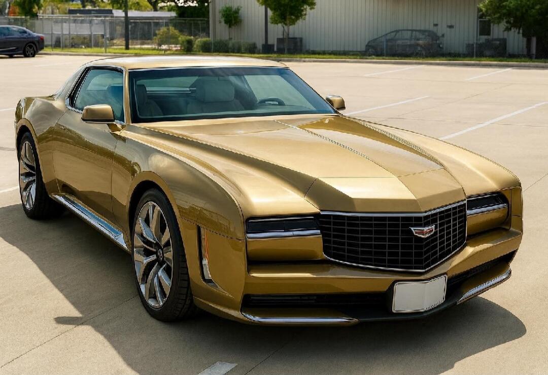 A gold-colored Cadillac convertible parked in an empty parking lot.