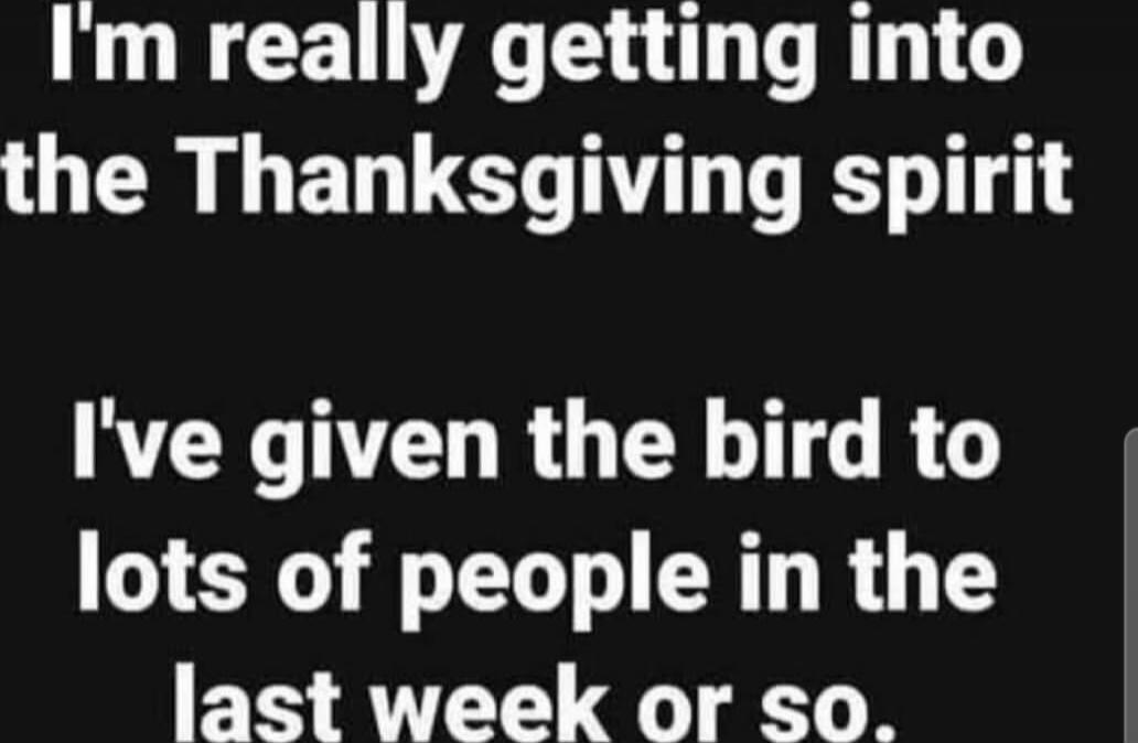 I'm really getting into the Thanksgiving spirit I've given the bird to lots of people in the last week or so.