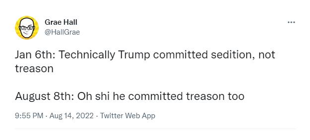 Grae Hall HallGrae Jan 6th Technically Trump committed sedition not treason August 8th Oh shi he committed treason too 55 PM Aug 14 2022 Twitter Web App