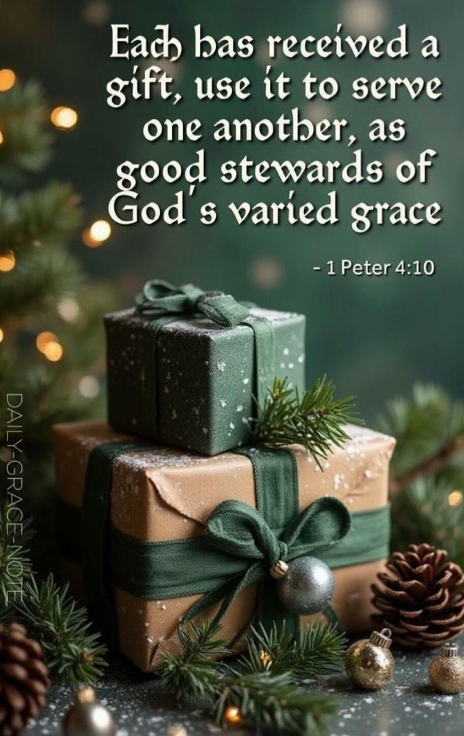 Each has received a gift, use it to serve one another, as good stewards of God's varied grace - 1 Peter 4:10