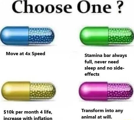 Choose One Move at 4x Speed Stamina bar always full never need sleep and no side effects Transform into any animal at will 10k per month 4 life i crease with inflation
