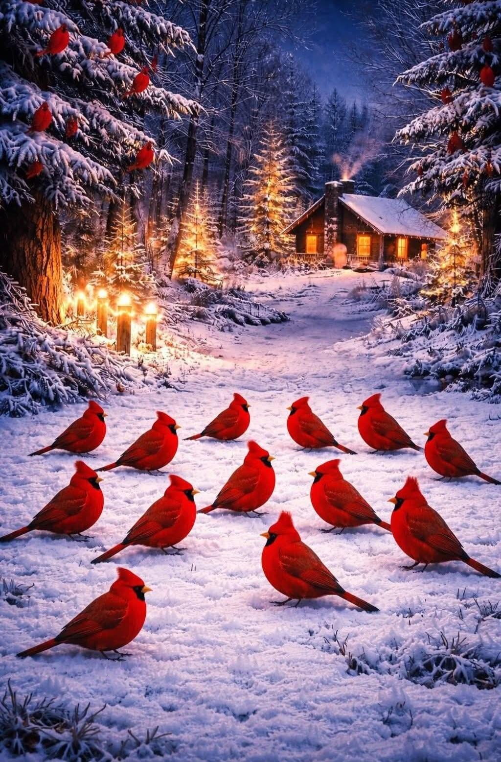A snowy forest scene with red cardinals on the ground and a warmly lit cabin in the background.