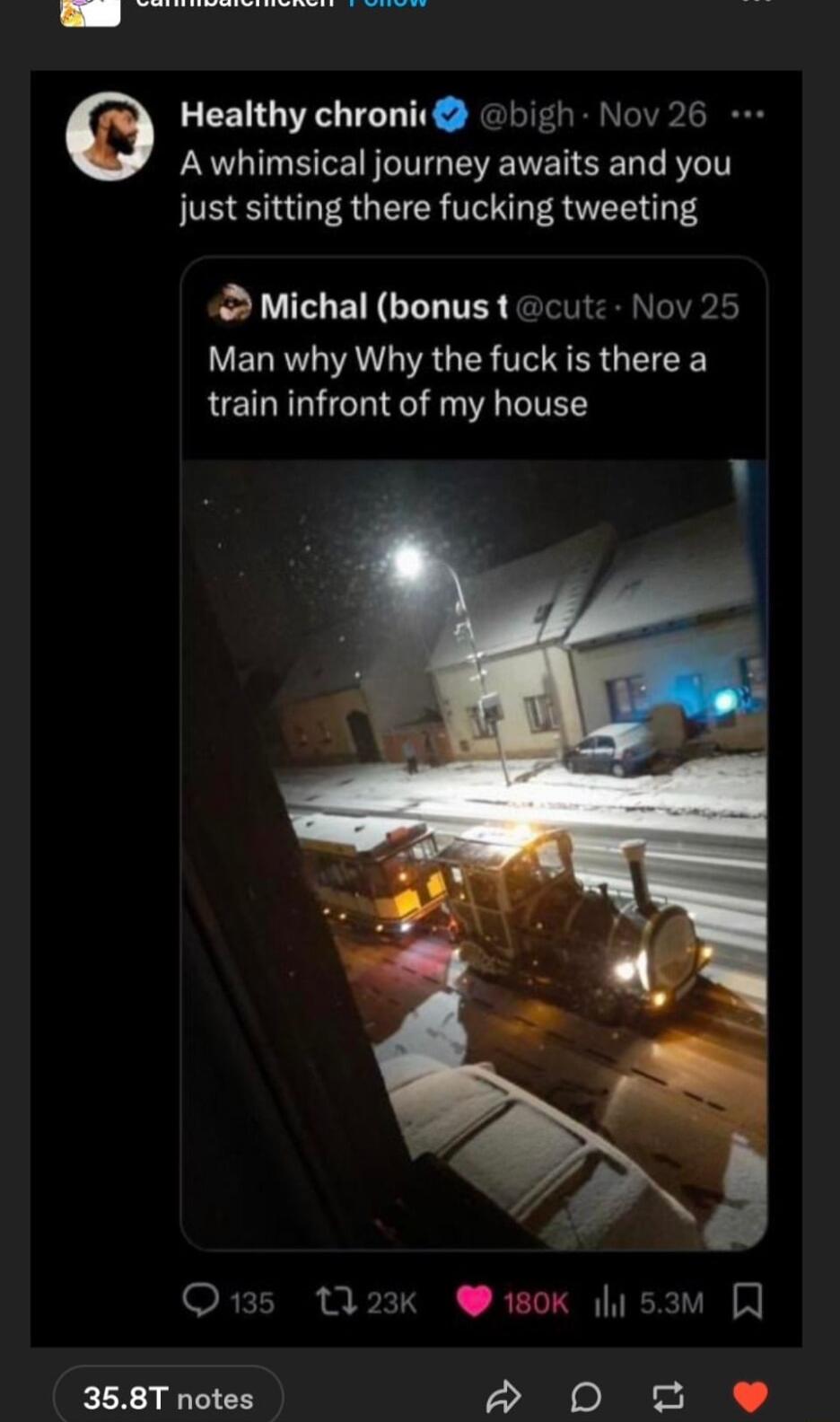 e Healthy chronic bigh Nov 26 A whimsical journey awaits and you just sitting there fucking tweeting Michal bonus t cut Nov 25 Man why Why the fuck is there a LET LTI 0 A VTS Qs 23k 180K I 53 358T notes o EE o