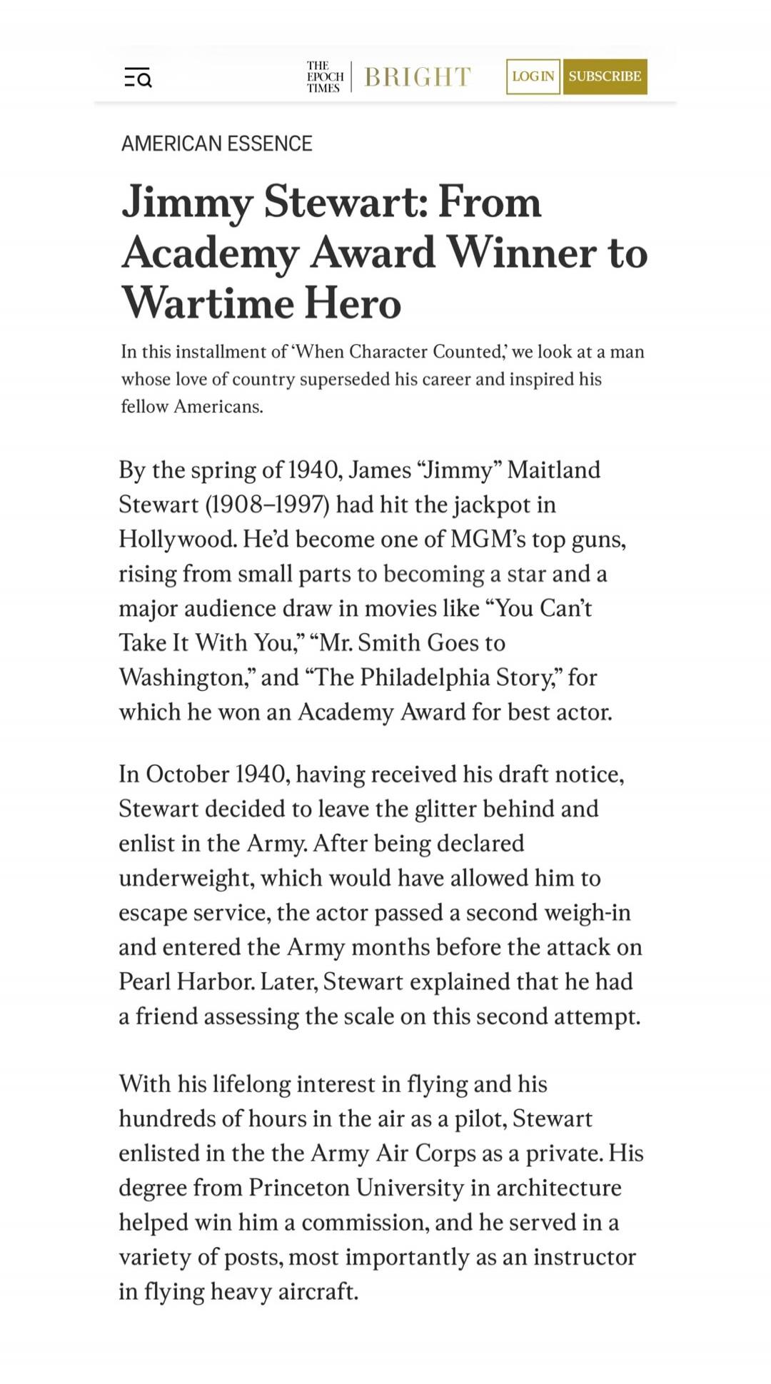 AMERICAN ESSENCE Jimmy Stewart: From Academy Award Winner to Wartime Hero In this installment of 'When Character Counted,' we look at a man whose love of country superseded his career and inspired his fellow Americans. By the spring of 1940, James 