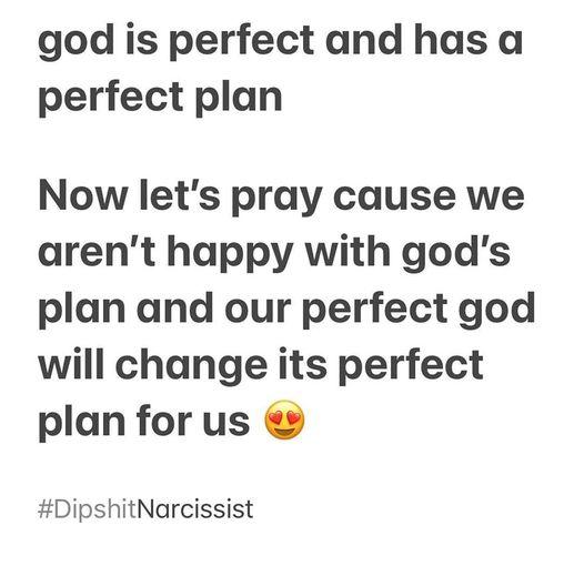 god is perfect and has a perfect plan Now lets pray cause we arent happy with gods plan and our perfect god will change its perfect plan for us DipshitNarcissist