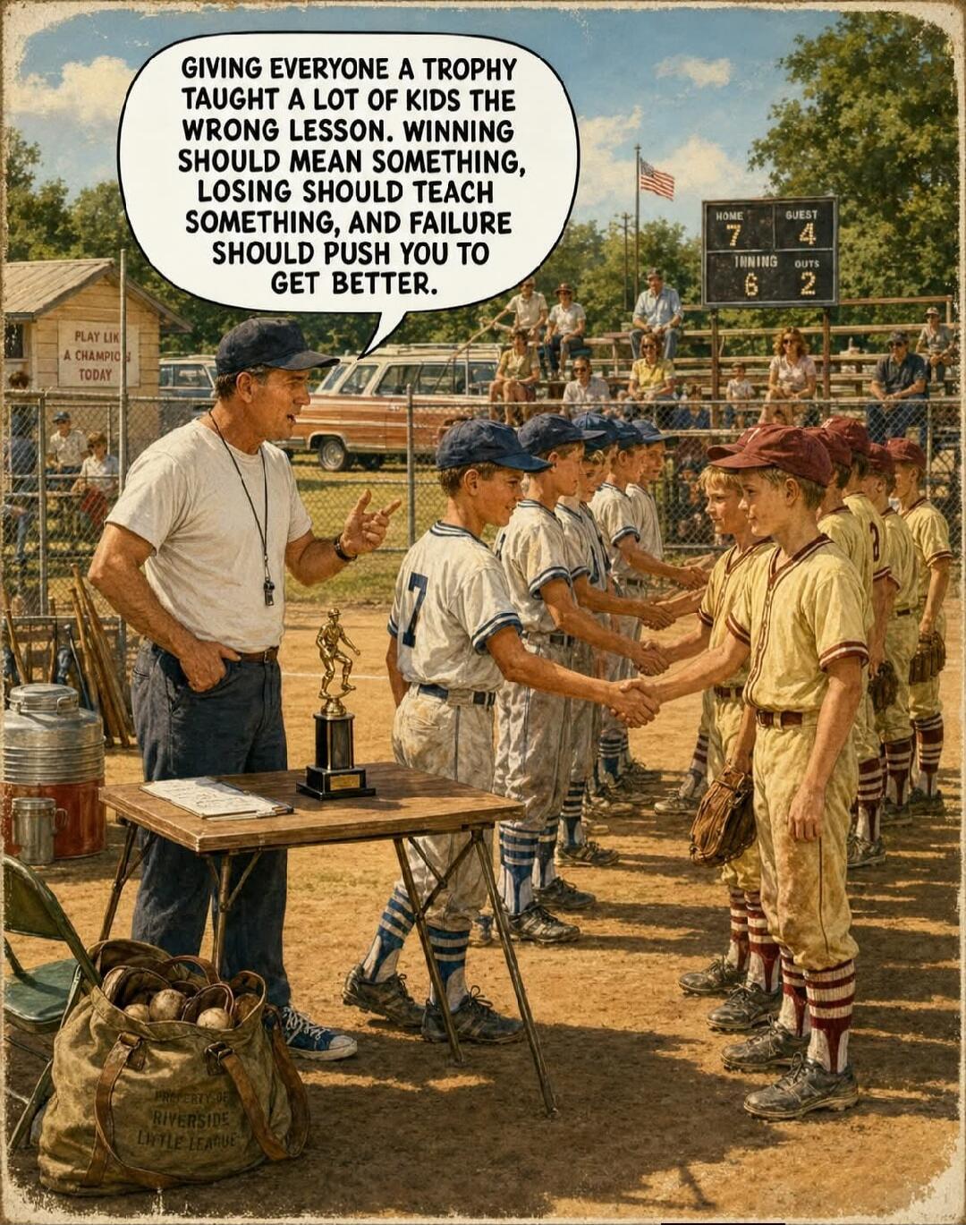 GIVING EVERYONE A TROPHY TAUGHT A LOT OF KIDS THE WRONG LESSON. WINNING SHOULD MEAN SOMETHING, LOSING SHOULD TEACH SOMETHING, AND FAILURE SHOULD PUSH YOU TO GET BETTER. HOME 7 GUEST 4 INNING 6 OUTS 2. PLAY LIKE A CHAMPION TODAY. PROPERTY OF RIVERSIDE LITTLE LEAGUE.