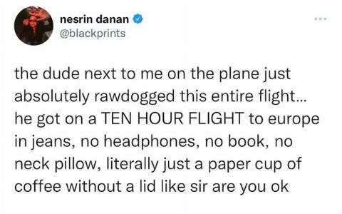 nestin danan blackprints the dude next to me on the plane just absolutely rawdogged this entire flight he got on a TEN HOUR FLIGHT to europe in jeans no headphones no book no neck pillow literally just a paper cup of coffee without a lid like sir are you ok