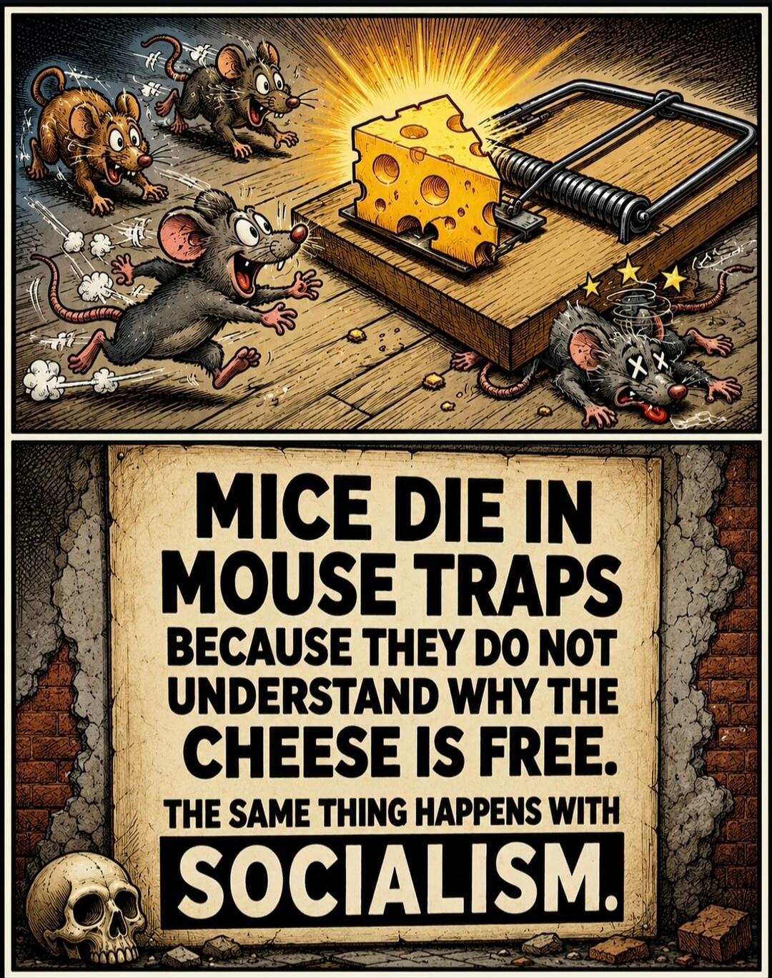 MICE DIE IN MOUSE TRAPS BECAUSE THEY DO NOT UNDERSTAND WHY THE CHEESE IS FREE. THE SAME THING HAPPENS WITH SOCIALISM.