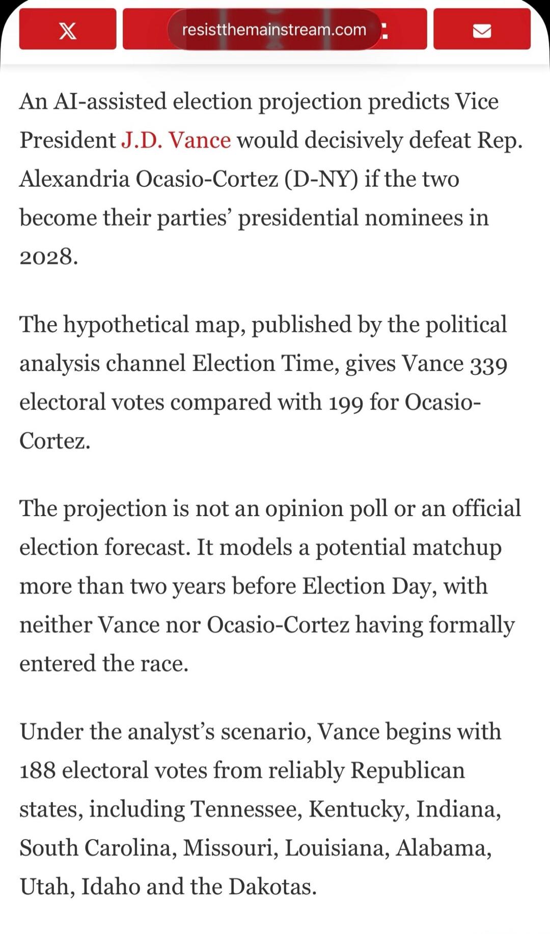 An AI-assisted election projection predicts Vice President J.D. Vance would decisively defeat Rep. Alexandria Ocasio-Cortez (D-NY) if the two become their parties' presidential nominees in 2028. The hypothetical map, published by the political analysis channel Election Time, gives Vance 339 electoral votes compared with 199 for Ocasio-Cortez. The p