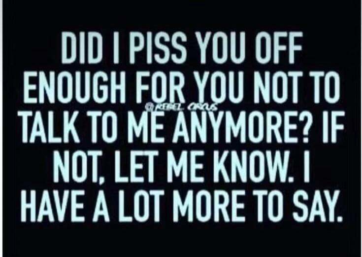 DID I PISS YOU OFF ENOUGH FOR YOU NOT TO TALK TO ME ANYMORE? IF NOT, LET ME KNOW. I HAVE A LOT MORE TO SAY. @REBEL ORGS