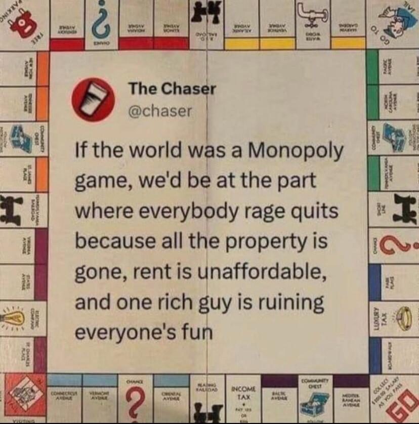 chaser If the world was a Monopoly jl game wed be at the part i where everybody rage quits il because all the property is 1CVs gone rentis unaffordable and one rich guy is ruining everyones fun