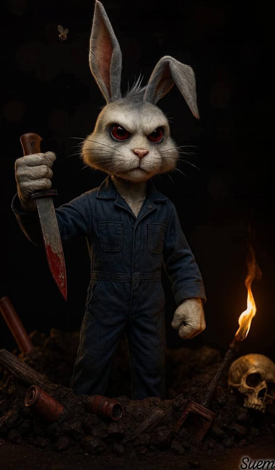 A humanoid rabbit wearing a jumpsuit, holding a bloody knife in a dark, eerie setting.