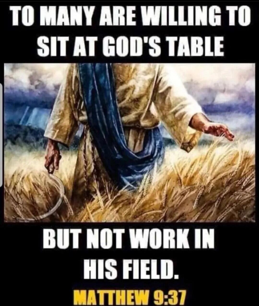 TOO MANY ARE WILLING TO SIT AT GOD'S TABLE BUT NOT WORK IN HIS FIELD. MATTHEW 9:37