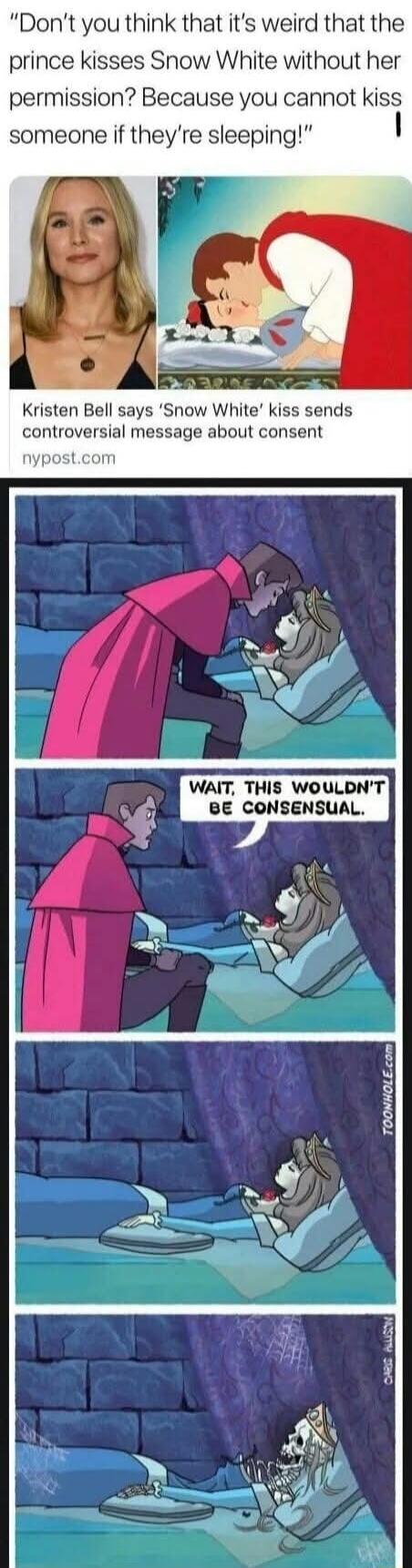 Dont you think that its weird that the prince kisses Snow White without her permission Because you cannot kiss someone if theyre sleeping Kristen Bell says Snow White kiss sends controversial message about consent nypostcom o 9 WAIT THIS WOULDNT BE CONSENSUAL roowHoLEcomll