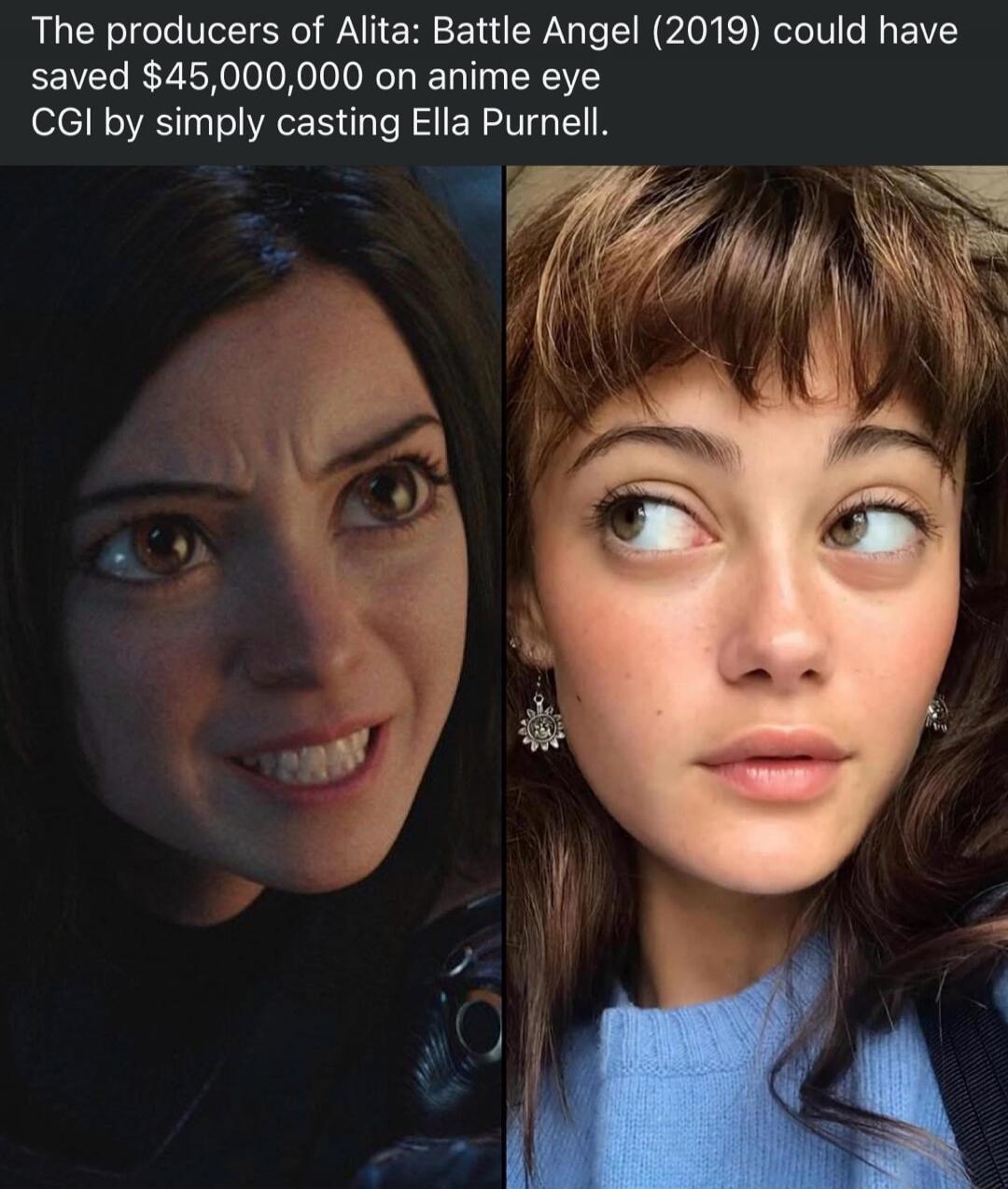 The producers of Alita: Battle Angel (2019) could have saved $45,000,000 on anime eye CGI by simply casting Ella Purnell.