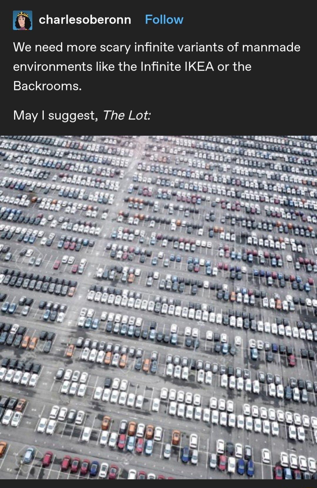 t charlesoberonn Follow We need more scary infinite variants of manmade environments like the Infinite IKEA or the Backrooms May suggest The Lot