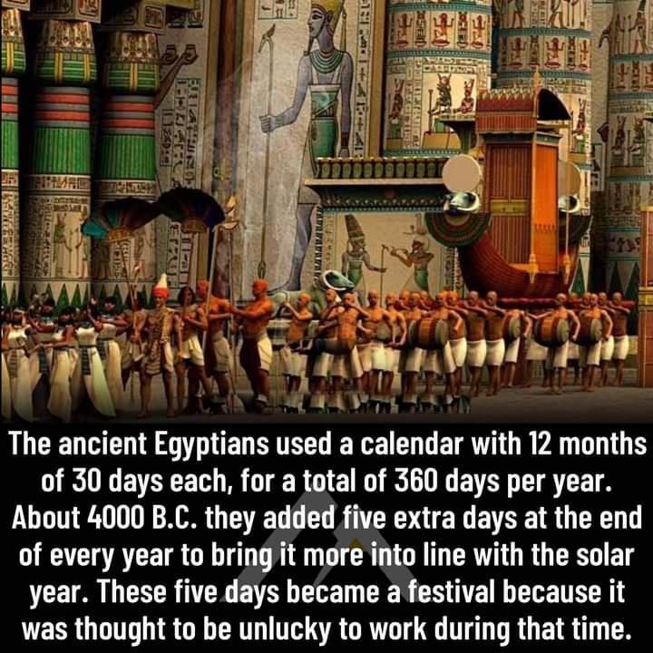 The ancient Egyptians used a calendar with 12 months of 30 days each for a total of 360 days per year About 4000 BC they added five extra days at the end of every year to bring it more into line with the solar year These five days became a festival because it UESR G IR CN AT TR GRS T VRGEIR T T