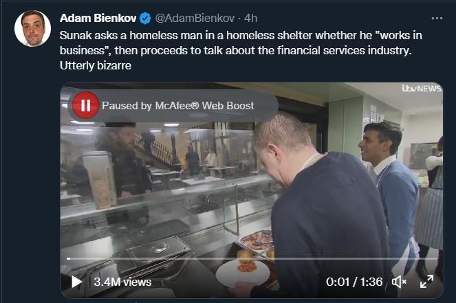 Adam Bienkov AdaEienioy A1 Sunak asks a homeless man in a homeless shelter whether he works in business then proceeds 1o talk about the financia services industry 001136