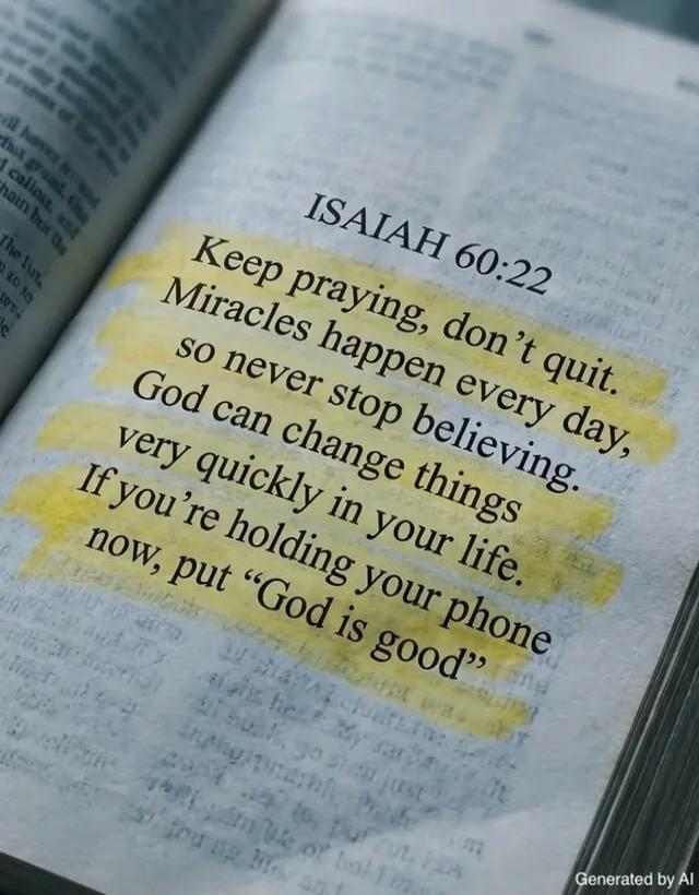 ISAIAH 60:22 Keep praying, don't quit. Miracles happen every day, so never stop believing. God can change things very quickly in your life. If you're holding your phone now, put 
