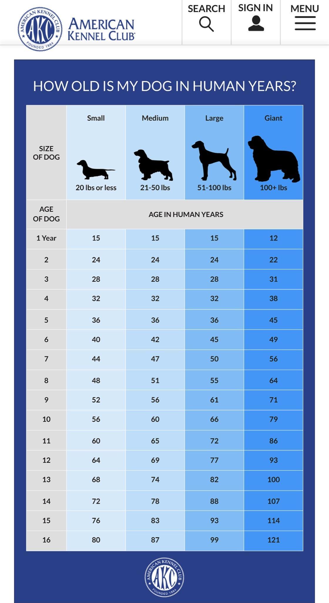 Py SEARCH SIGNIN MENU SV AMERICAN Q b KENNEL CLUB 20 Ibsor less 21 501bs 51 100 lbs AGE IN HUMAN YEARS 15 15 24 24 28 28 32 32 36 36 42 45 47 50 51 55 56 61 60 66 65 72 69 77 74 82 78 88 83 93 87 99