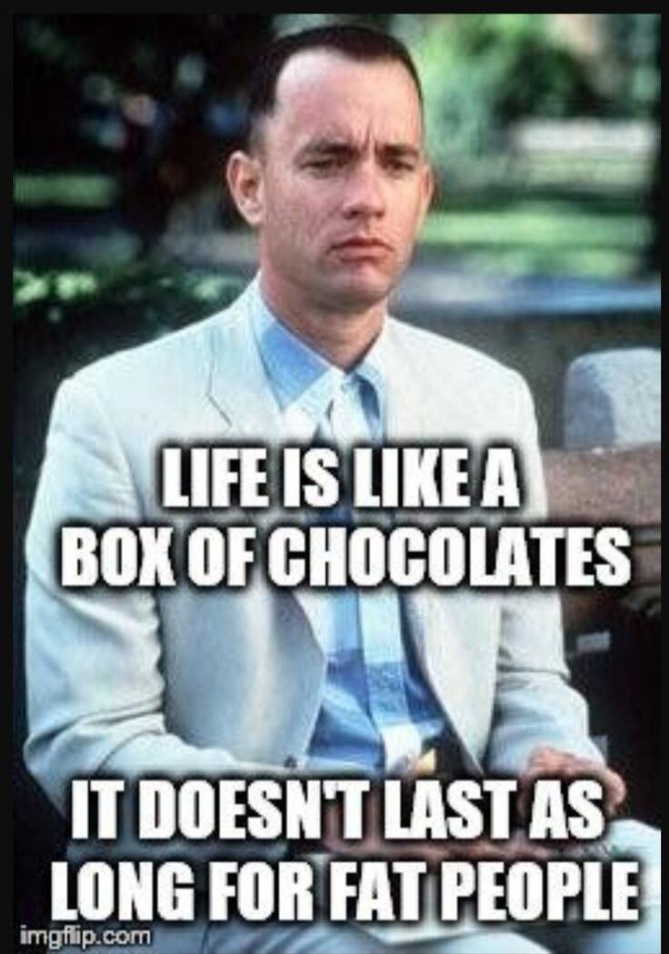 LIFE IS LIKE A BOX OF CHOCOLATES IT DOESN'T LAST AS LONG FOR FAT PEOPLE