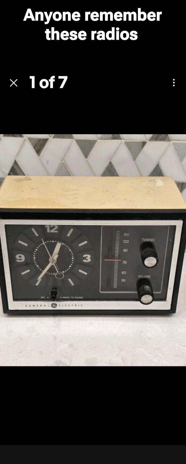 Anyone remember these radios. General Electric. On. Wake to Music. Tuning. Volume. 12, 9, 3, 160, 120, 90, 70, 60, 55.
