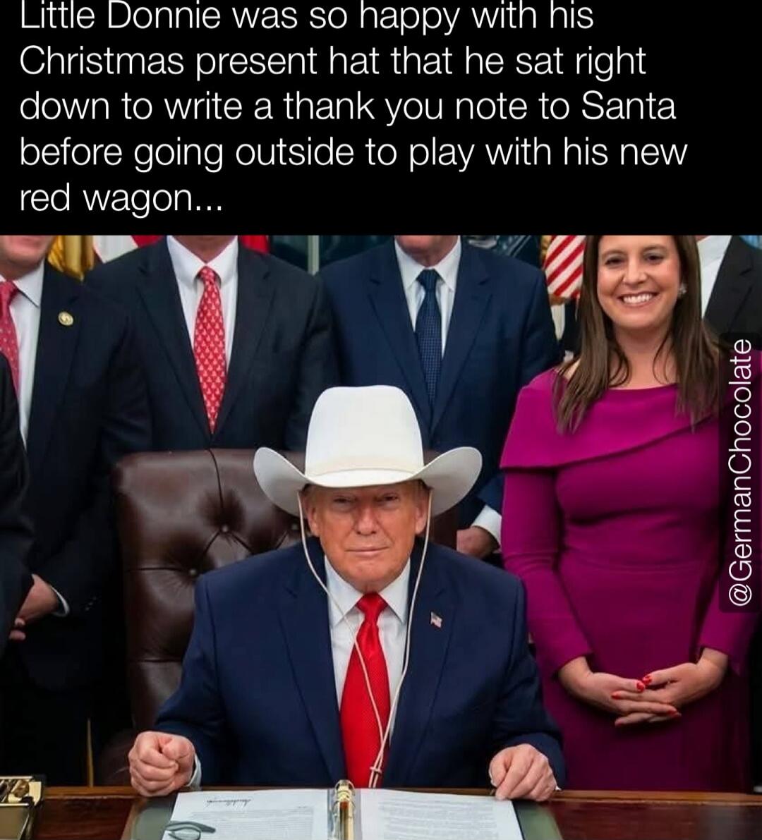 Little Donnie was so happy with his Christmas present hat that he sat right down to write a thank you note to Santa before going outside to play with his new red wagon...