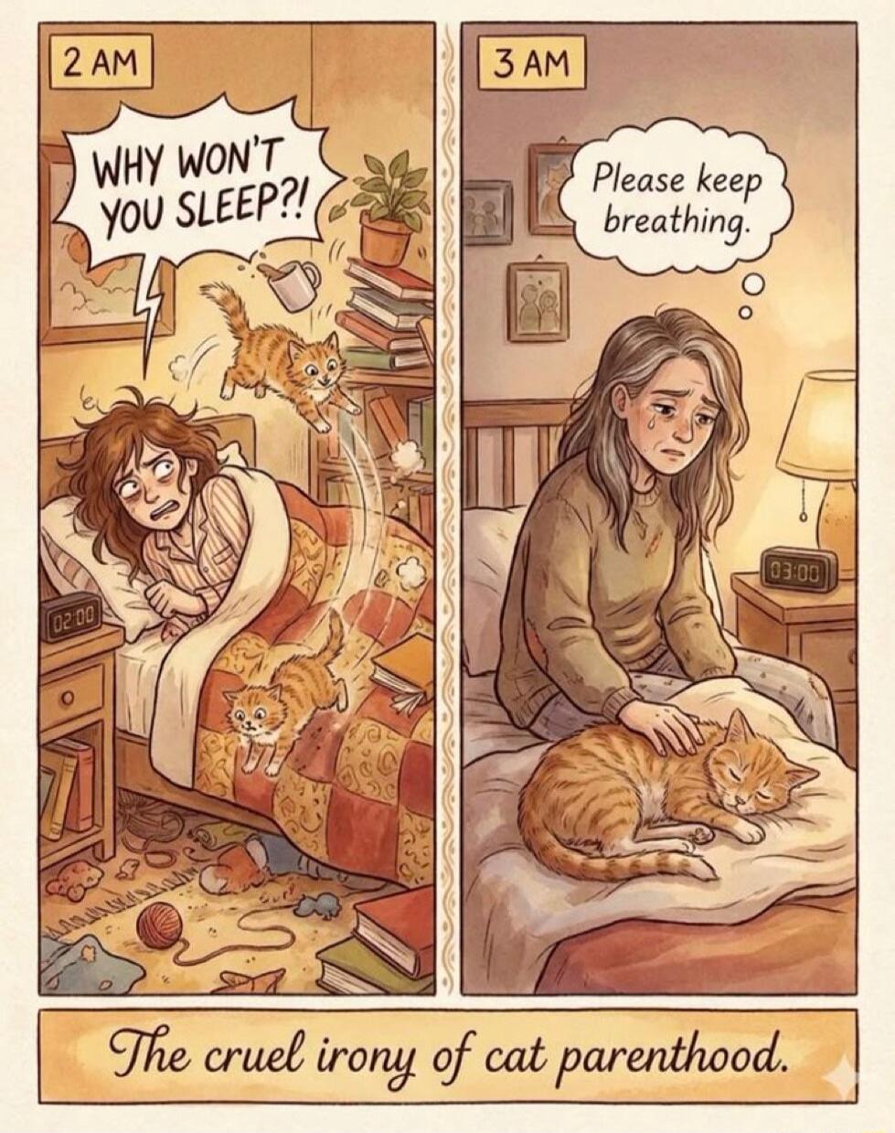 2 AM. WHY WON'T YOU SLEEP?! 02:00. 3 AM. Please keep breathing. 03:00. The cruel irony of cat parenthood.