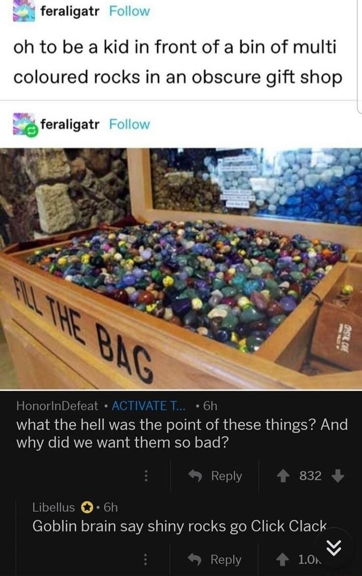 feraligatr oh to be a kid in front of a bin of multi coloured rocks in an obscure gift shop feraligatr what the hell was the point of these things And why did we want them so bad Goblin brain say shiny rocks go Click Clack v