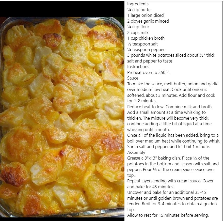 Ingredier Viogeonon e A aspoon s s it pots s Ctnas sbout 3 e A s and ook s o a8 e hng 10 ke The micure wil become very thick Cotinge g e b of it 3 eme whisking il smocih o i he i s b s g ta s o ove i het i conting t sk Sir i st and pepperand et b 1 i hesembly Grees 03 bking 8 Plsc 4 of pottoes nth btom and s it soond PP Pt e s e v Repeo s entingwith cream Uncover o ke o on st Taor i o 34 s 1 bt 9o