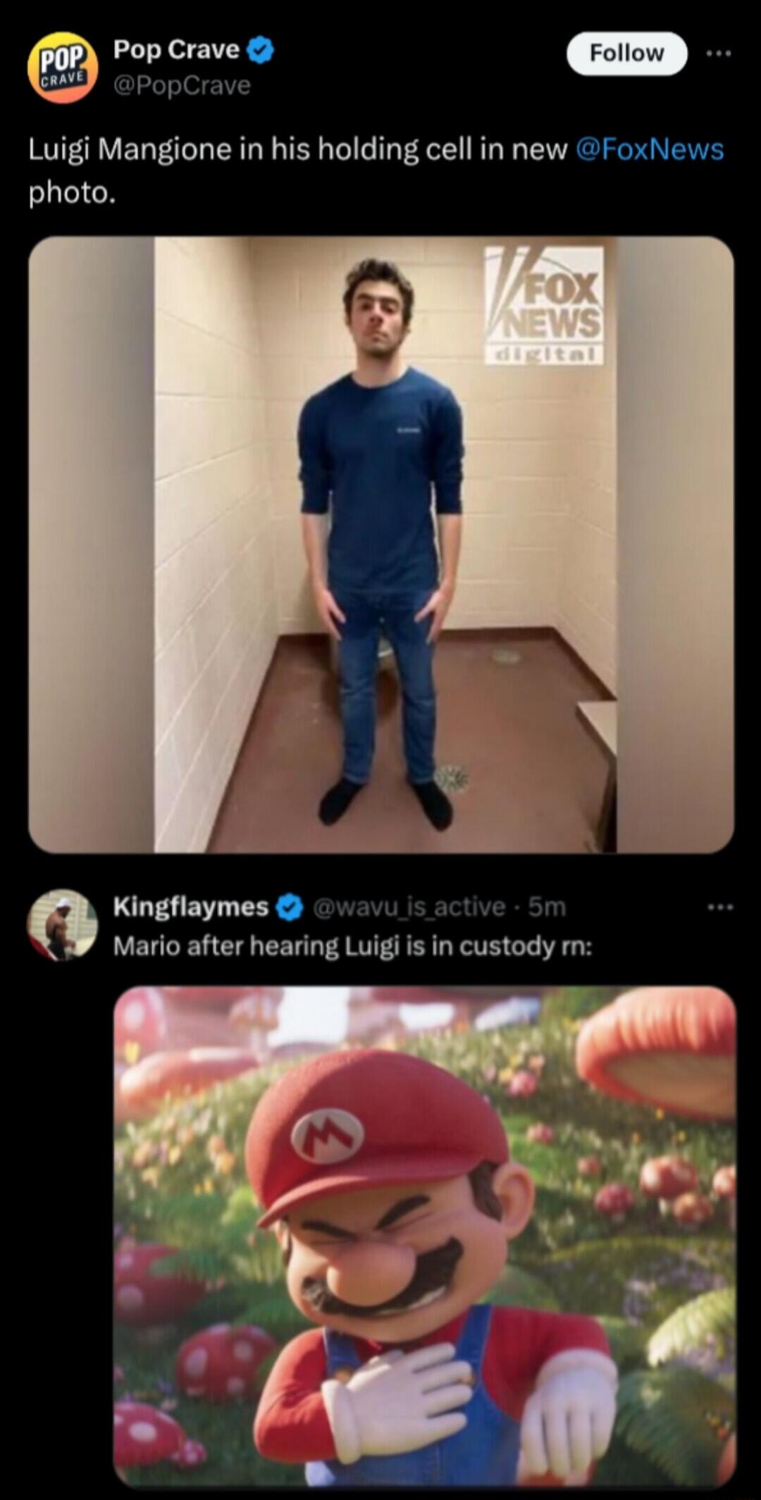 Pop Crave W opCrav Luigi Mangione in his holding cell in new FoxNews photo O Kingflaymes Mario after hearing Luigi is in custody m