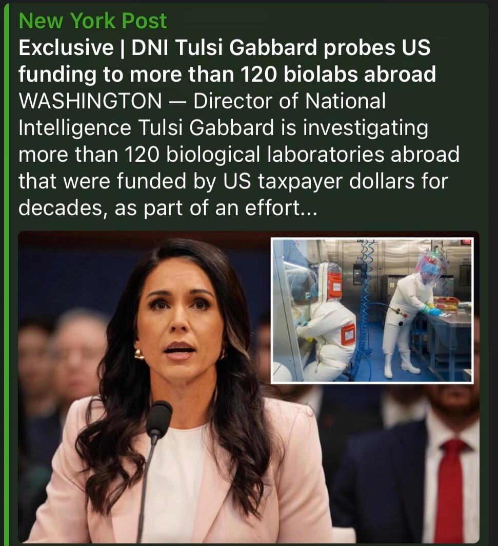 New York Post Exclusive | DNI Tulsi Gabbard probes US funding to more than 120 biolabs abroad WASHINGTON — Director of National Intelligence Tulsi Gabbard is investigating more than 120 biological laboratories abroad that were funded by US taxpayer dollars for decades, as part of an effort...