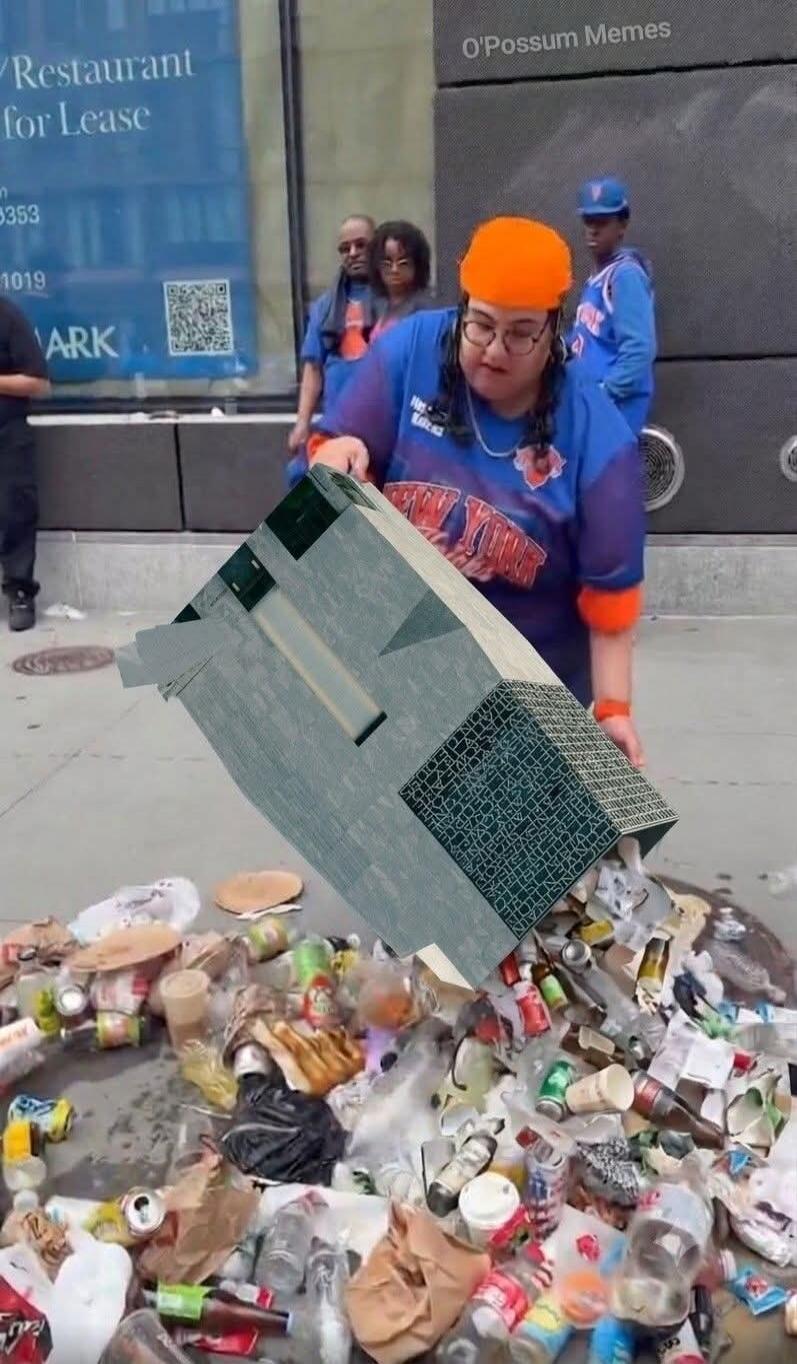 Restaurant for Lease 0353 1019 ARK O'Possum Memes. A person wearing a New York Knicks jersey and an orange hat is depicted dumping a large, blocky object onto a pile of trash on a city street.