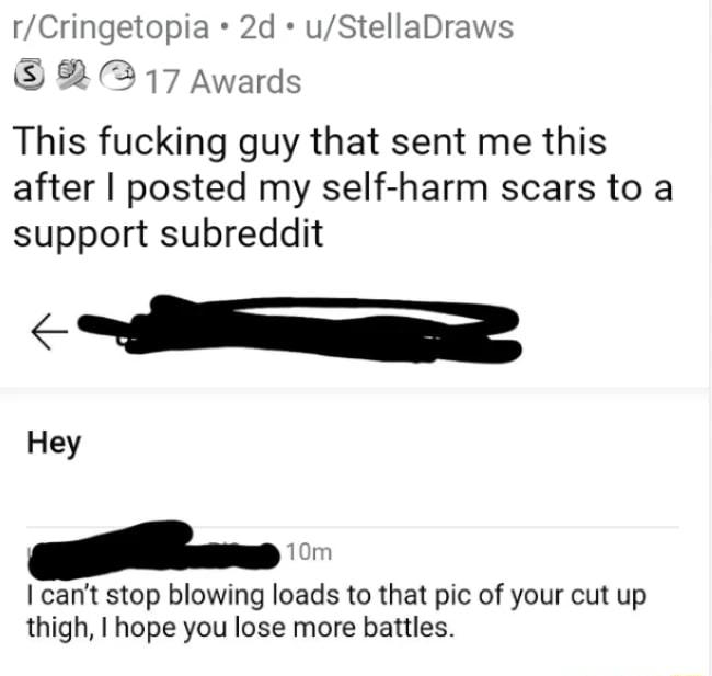 rCringetopia 2d uStellaDraws 2 17 Awards This fucking guy that sent me this after posted my self harm scars to a support subreddit el Hey 10m cant stop blowing loads to that pic of your cut up thigh I hope you lose more battles