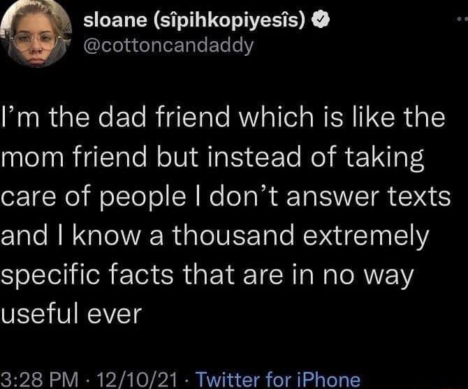 sloane sipihkopiyesis cottoncandaddy Im the dad friend which is like the mom friend but instead of taking care of people dont answer texts and know a thousand extremely specific facts that are in no way useful ever 328 PM 121021 Twitter for iPhone