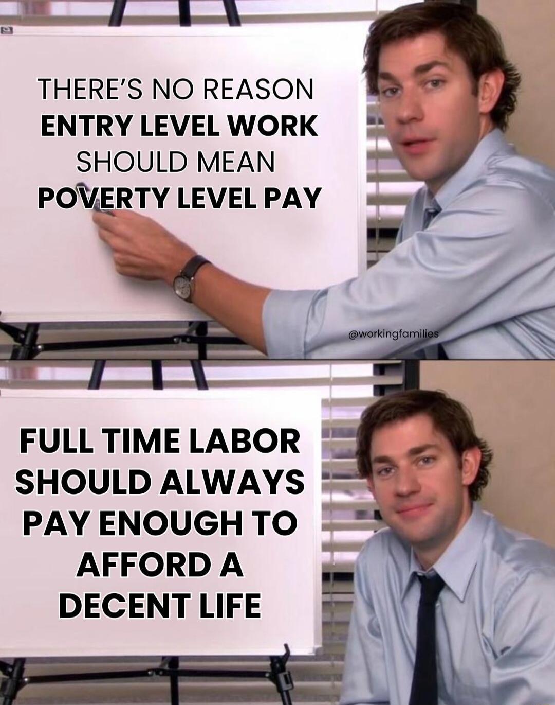 THERES NO REASON ENTRY LEVEL WORK SHOULD MEAN POVERTY LEVEL PAY FULL TIME LABOR SHOULD ALWAYS PAY ENOUGHTO AFFORD A DECENT LIFE