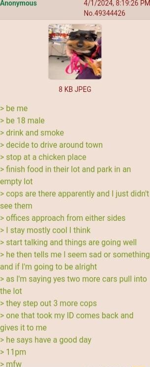 Anonymous 41112024 811920 PM No49344426 8 KB JPEG be me be 18 male drink and smoke decide to drive around town stop at a chicken place finish food in their lot and park in an empty lot cops are there apparently and just didnt see them offices approach from either sides stay mostly cool think start talking and things are going well he then tells me seem sad or something and if m going to be alright