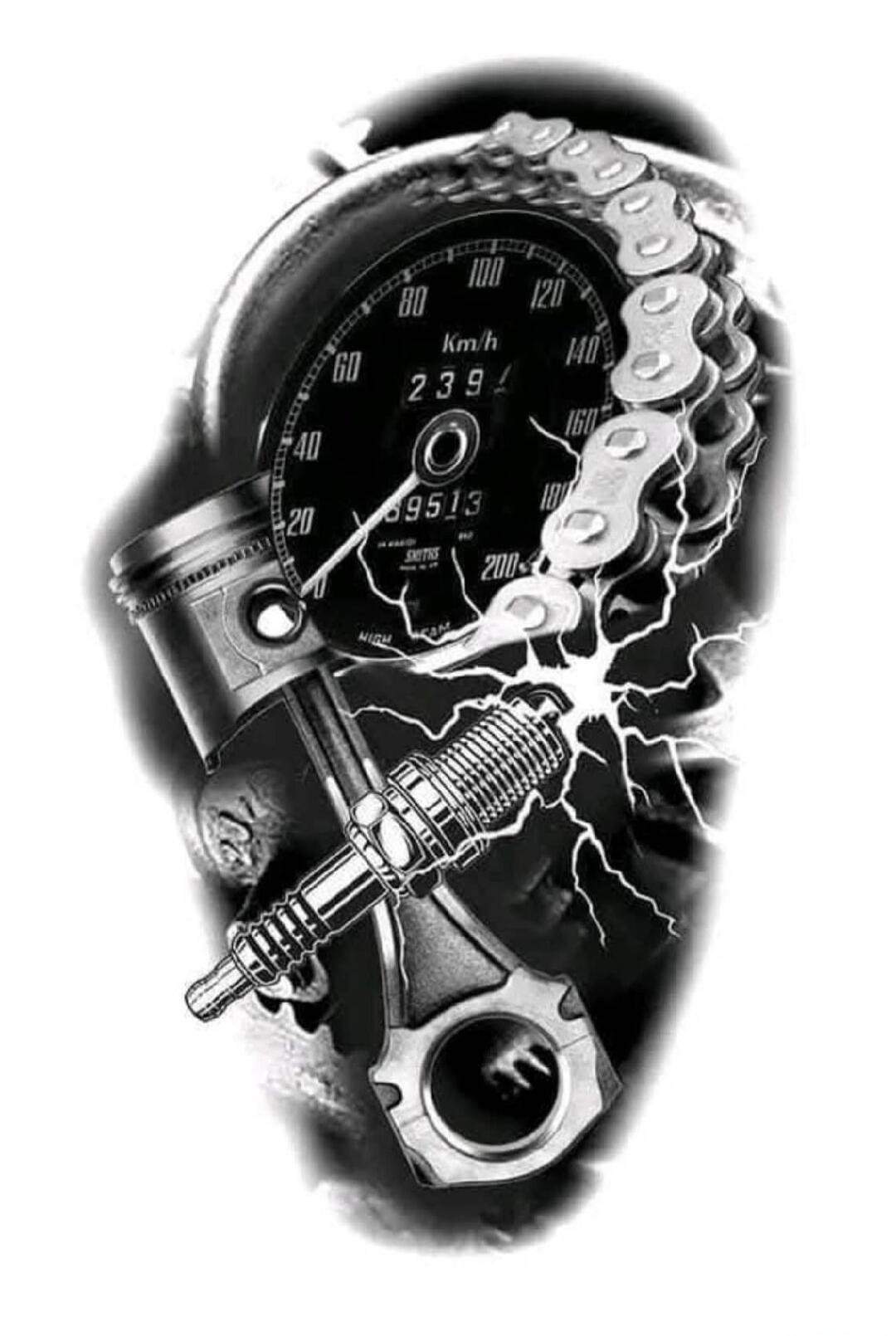 A black and white illustration featuring motorcycle engine components. Visible text includes 'Km/h', '239', '69513', 'SMITHS', and 'HIGH BEAM' on a speedometer. Other elements are a piston, a connecting rod, a spark plug with lightning, and a motorcycle chain.