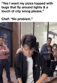 Yes want my pizza topped with bugs that fly around lights a touch of city smog please Chef No problem