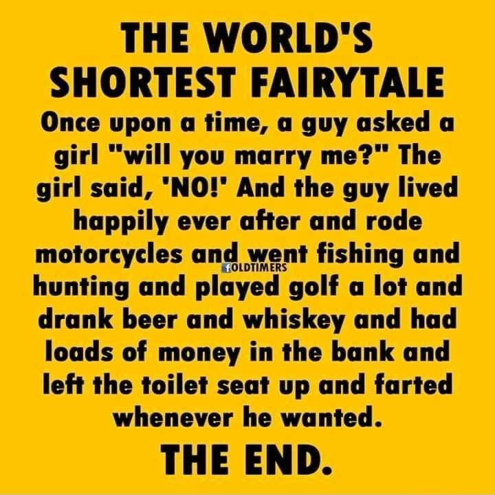 SHORTEST FAIRYTALE Once upon a time a guy asked a girl will you marry me The girl said NO And the guy lived happily ever after and rode motorcycles fishing and hunting and golf a lot and drank beer and whiskey and had loads of money in the bank and left the toilet seat up and farted whenever he wanted THE END